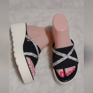 Italian Shoemakers Black and Silver Sandals with Platform Sole